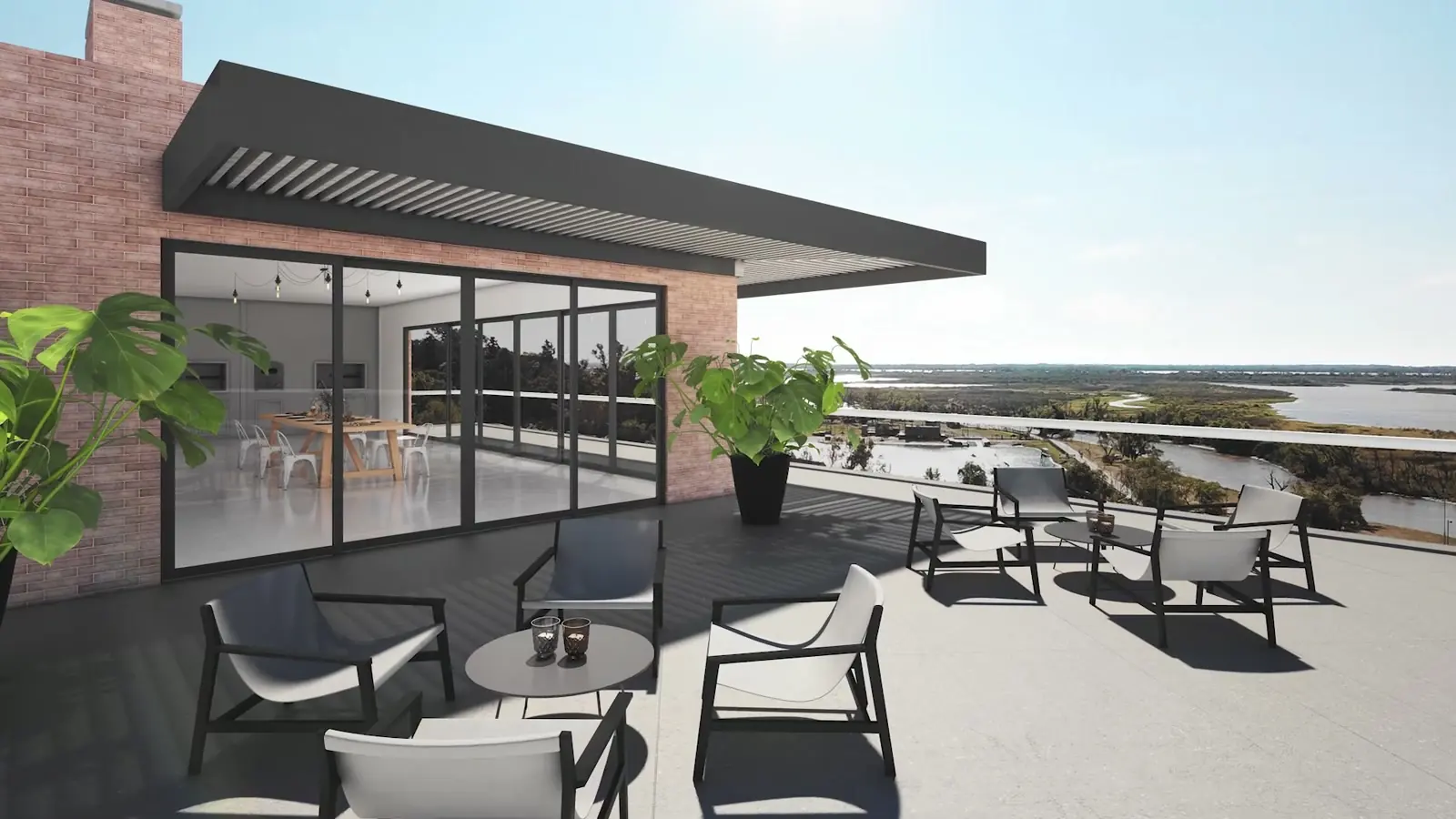 Terraza con pileta al atardecer