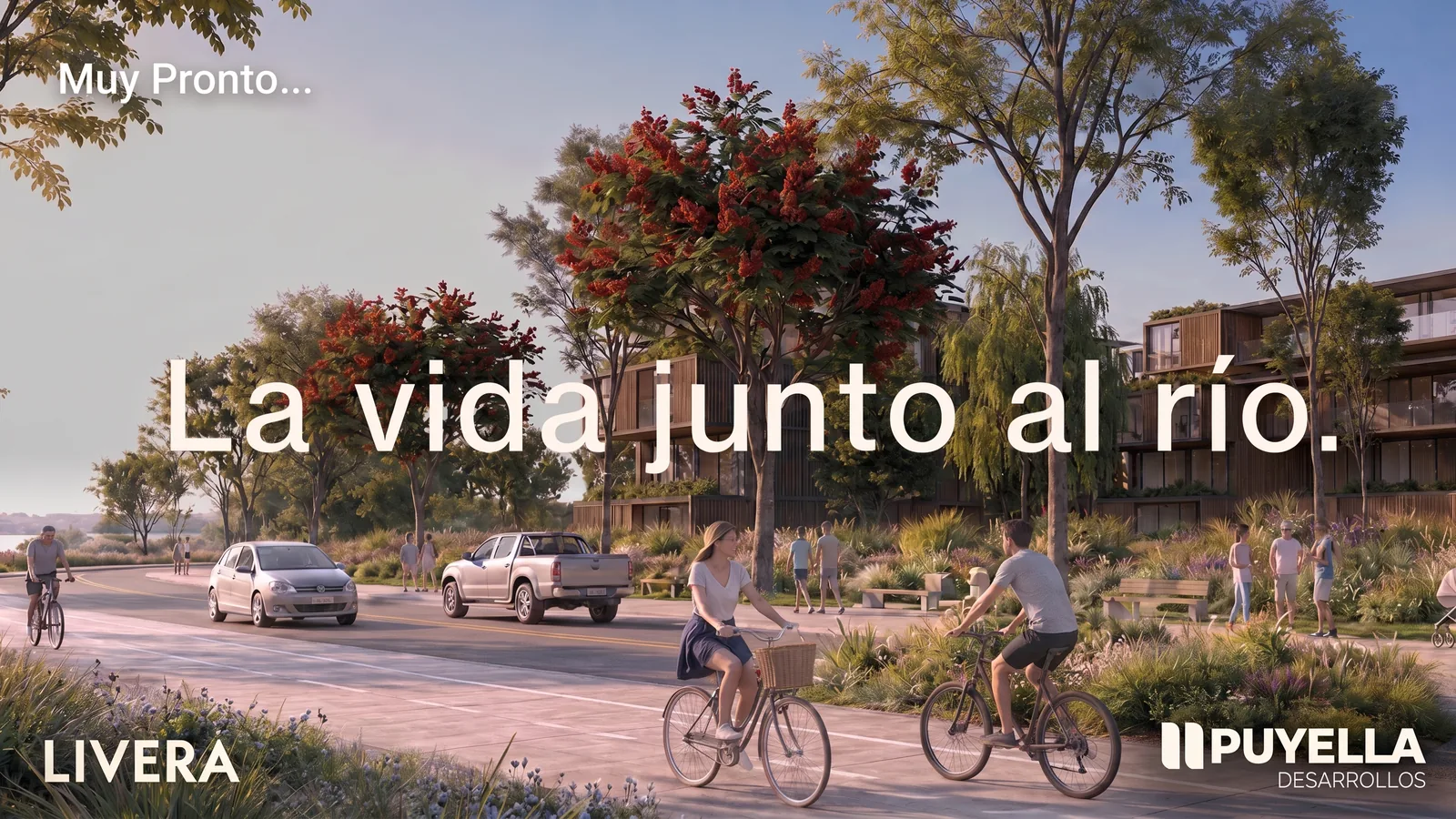 Livera, muy pronto: la vida junto al río, con la costanera, la bicisenda y los edificios entre los árboles