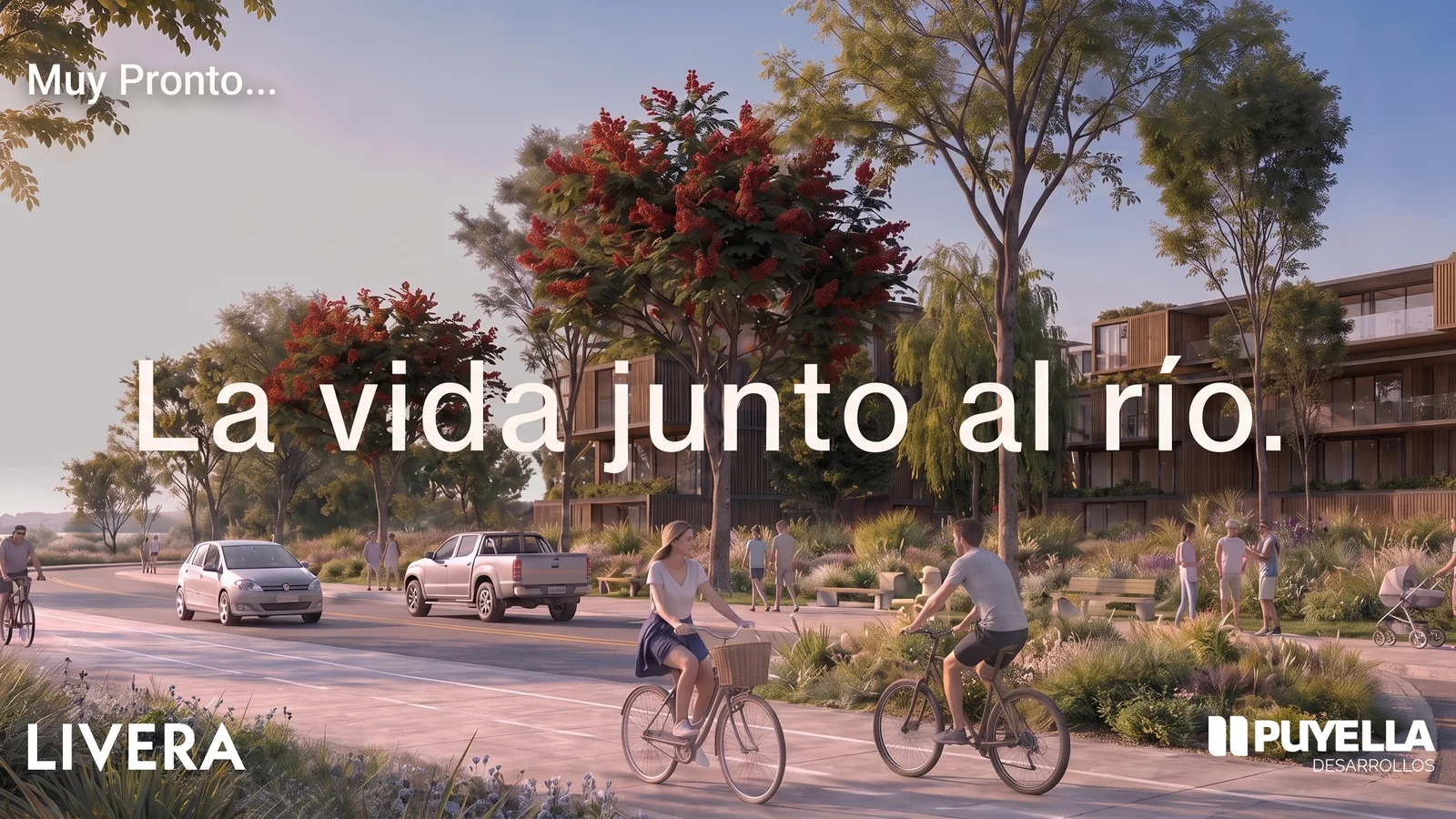 Livera, muy pronto: la vida junto al río, con la costanera, la bicisenda y los edificios entre los árboles
