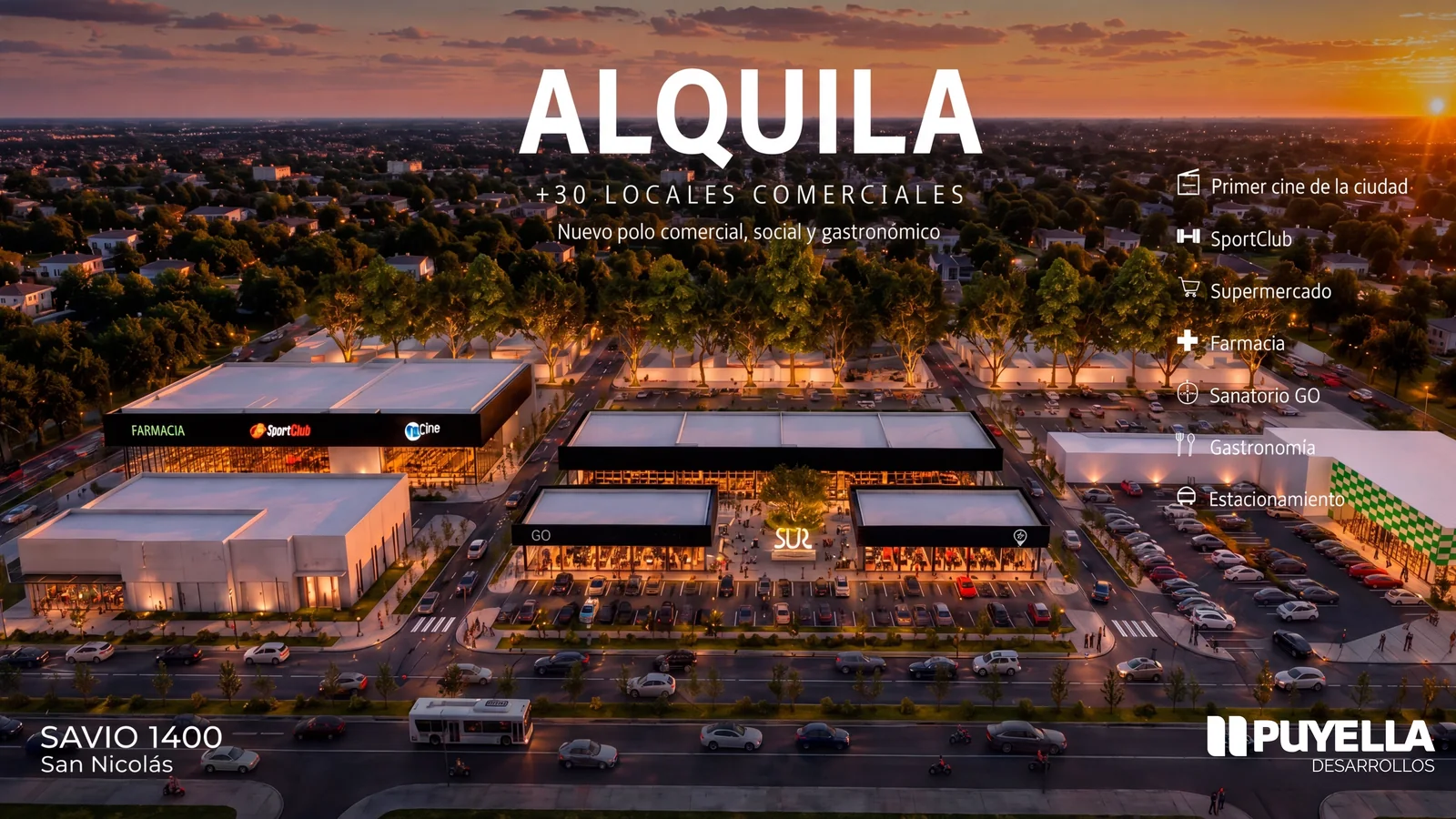 El paseo comercial de Savio 1400 al atardecer: alquila más de 30 locales comerciales