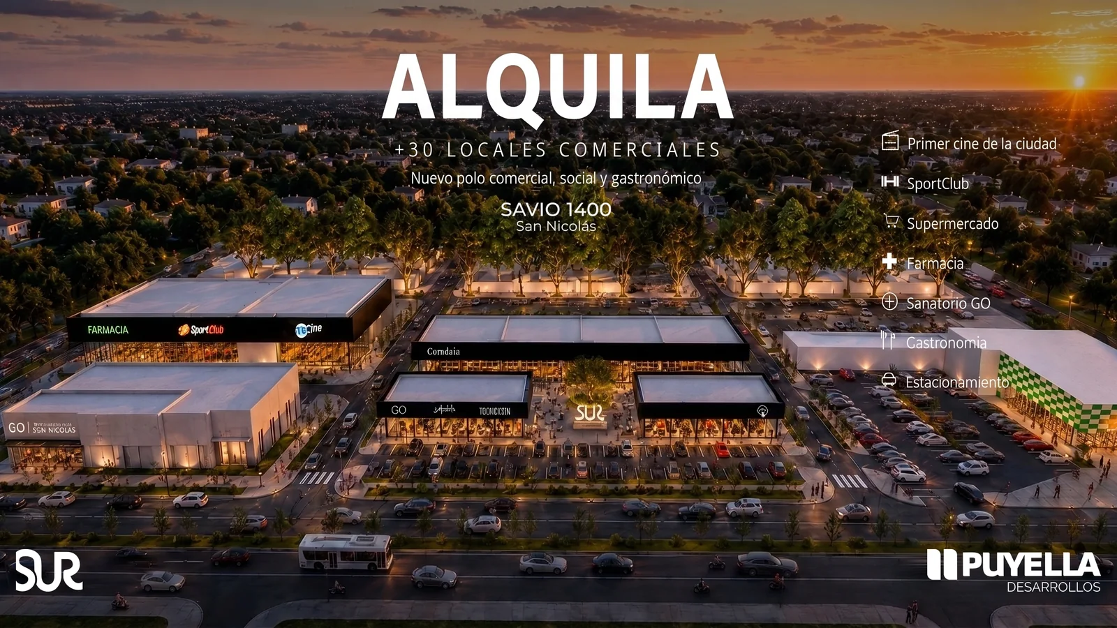El paseo comercial SUR de Savio 1400 al atardecer: alquila más de 30 locales comerciales