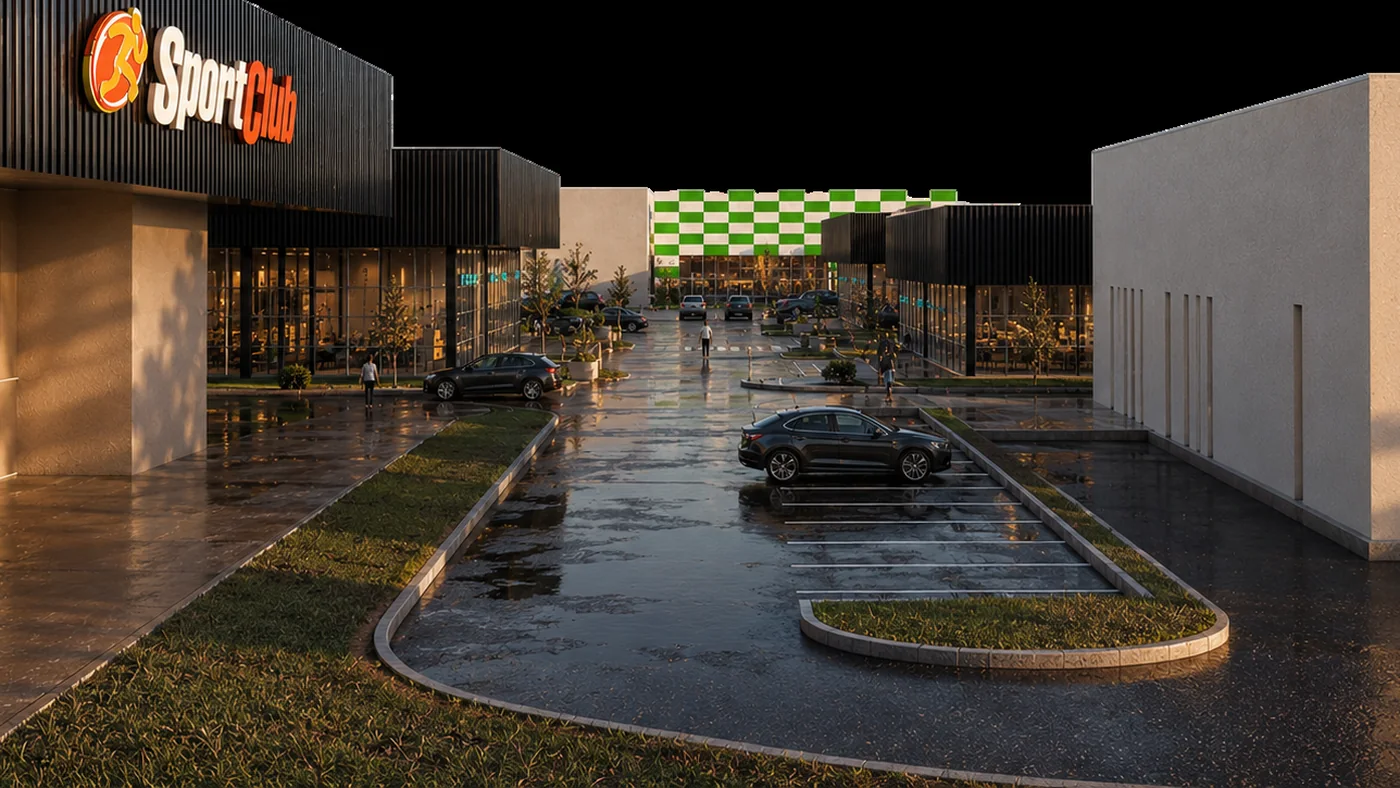 El frente del paseo SUR sobre la avenida, con el gimnasio y el supermercado iluminados