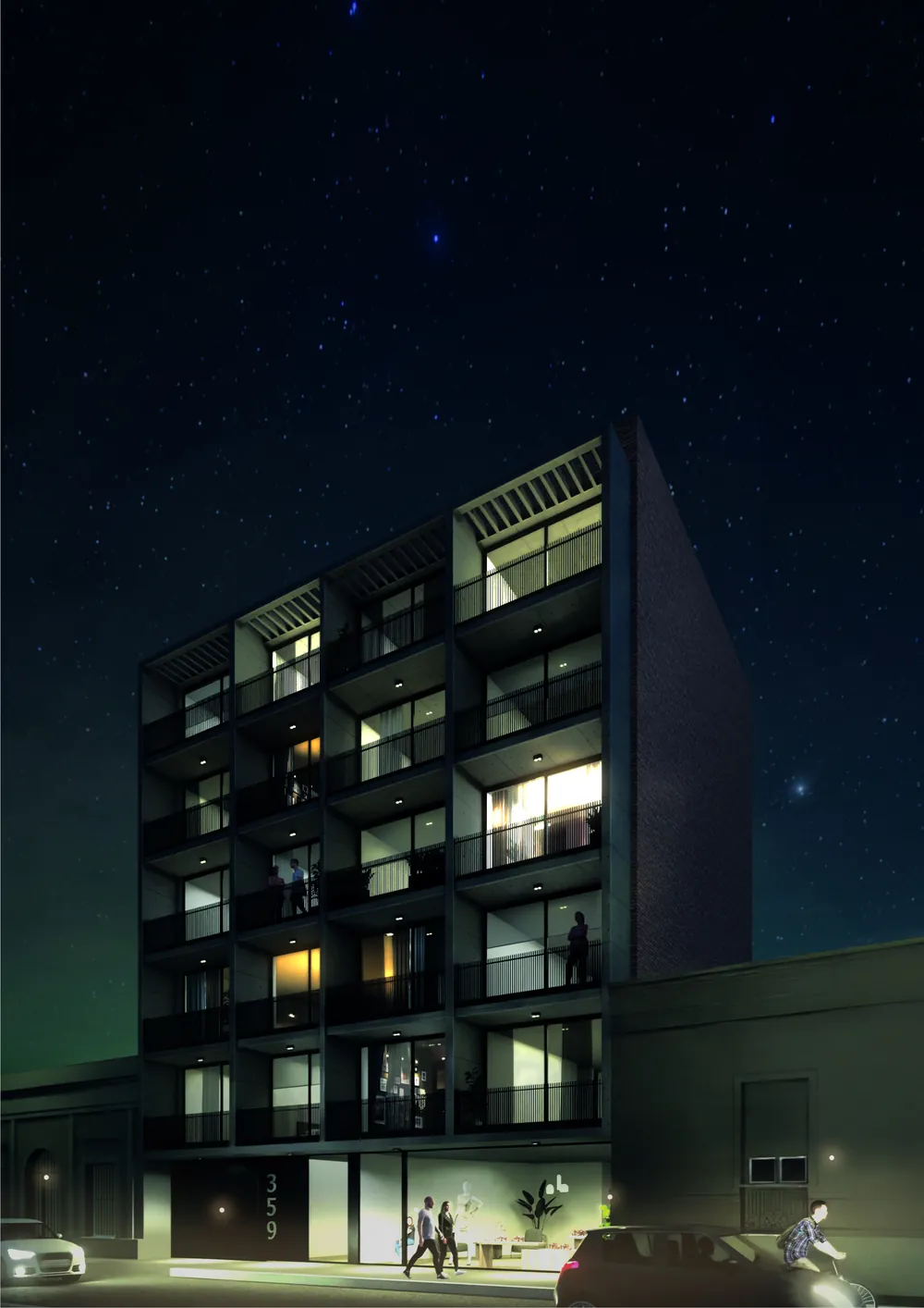 Render del edificio visto en diagonal, de noche, con los balcones iluminados