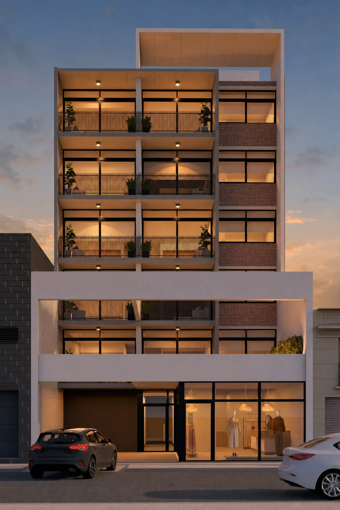Render del frente del edificio Alem 135: balcones entre tabiques de hormigón, un paño de ladrillo visto y el local vidriado en planta baja