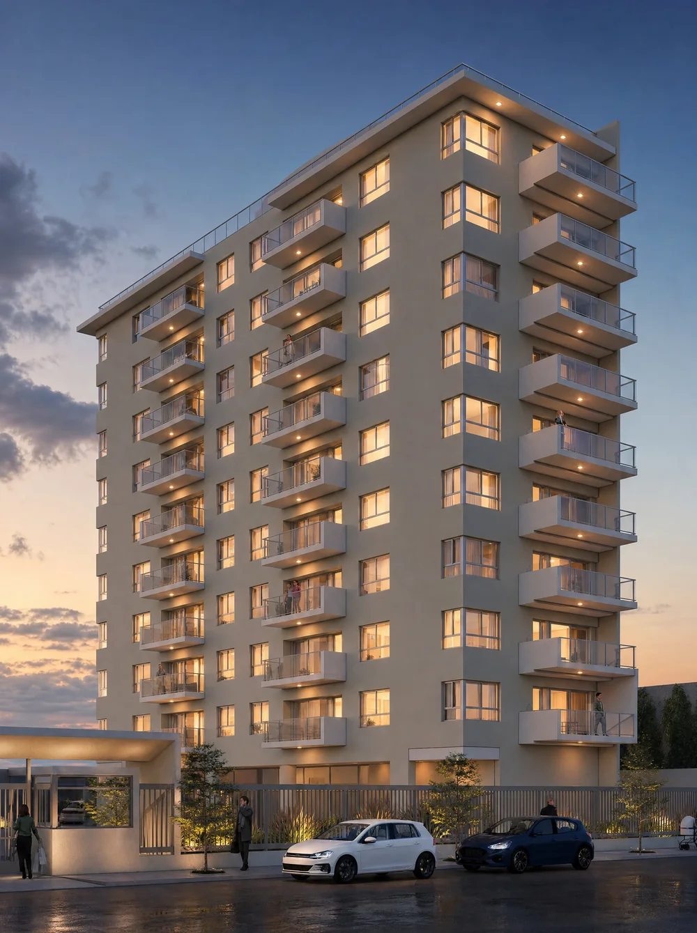 Render de la Torre Altos de los Arroyos: una torre clara, con balcones aterrazados en la esquina