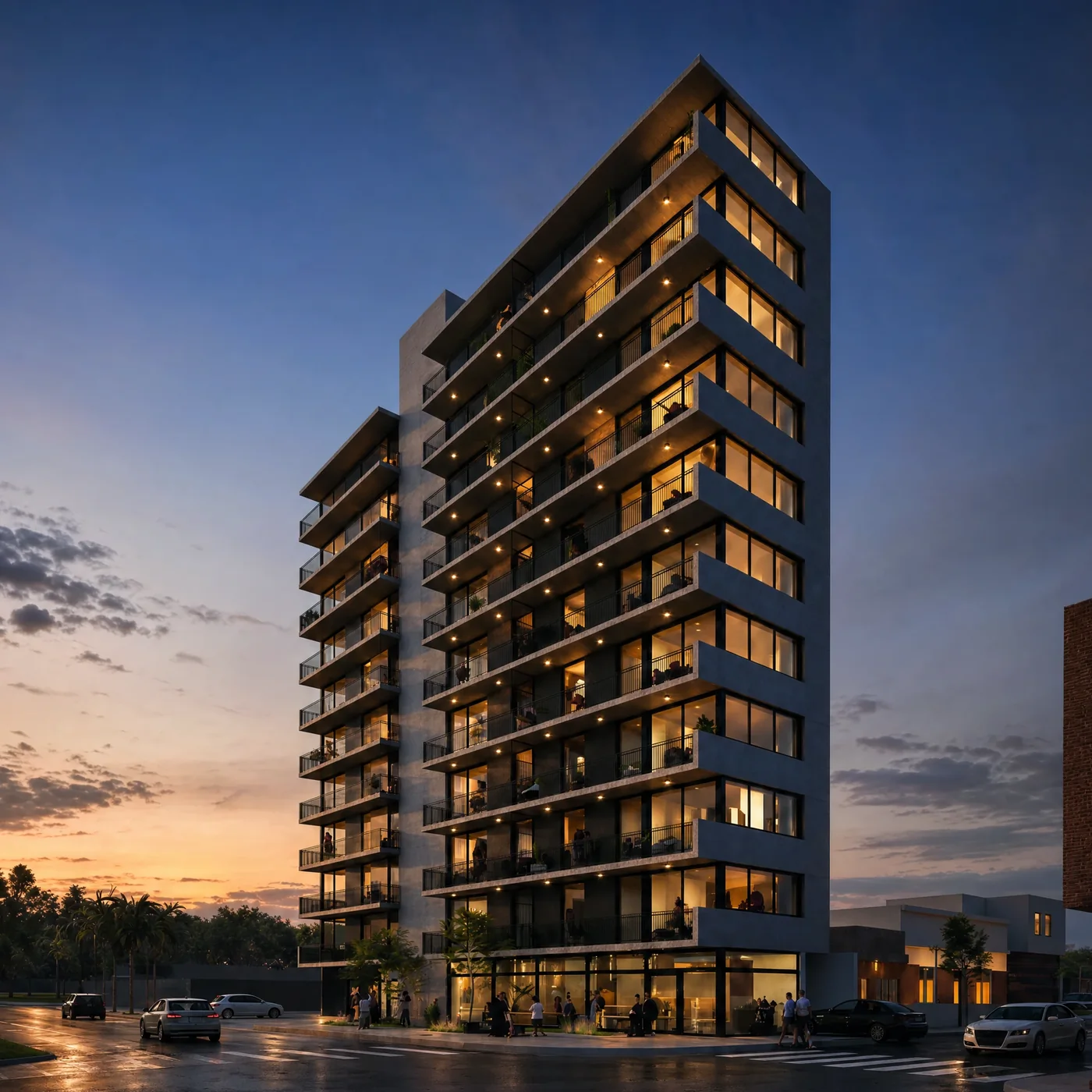 Render del edificio Juan B. Justo 44 desde la esquina: una torre de hormigón y vidrio con balcones corridos